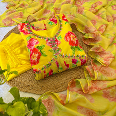 Yellow Flower Printed Handmade Work Georgette anarkali