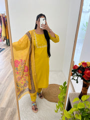 Surbhi Mustard Yellow  Roman Silk Handworked Kurti Set