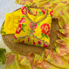 Yellow Flower Printed Handmade Work Georgette anarkali