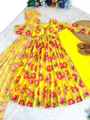 Yellow Flower Printed Handmade Work Georgette anarkali