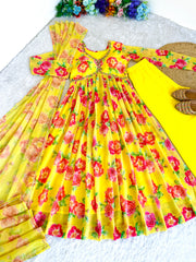 Yellow Flower Printed Handmade Work Georgette anarkali