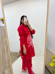 Ruby Red Party Wear Embroider Worked Kurti Set