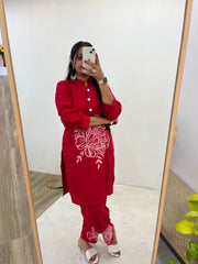 Ruby Red Party Wear Embroider Worked Kurti Set