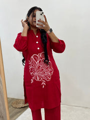 Ruby Red Party Wear Embroider Worked Kurti Set