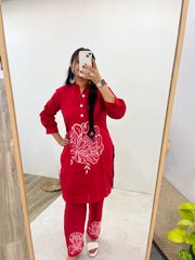 Ruby Red Party Wear Embroider Worked Kurti Set