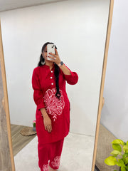 Ruby Red Party Wear Embroider Worked Kurti Set