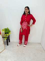 Ruby Red Party Wear Embroider Worked Kurti Set