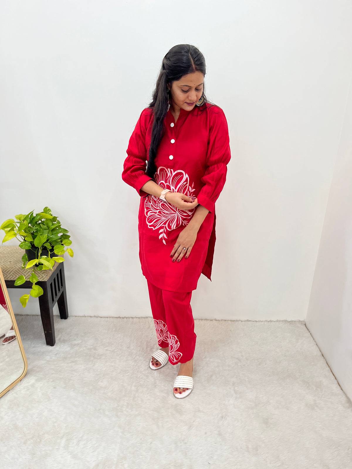 Ruby Red Party Wear Embroider Worked Kurti Set