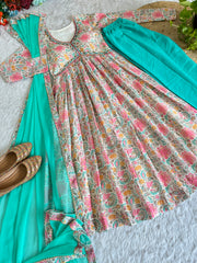 White Color Floral Printed Chiffon Anarkali