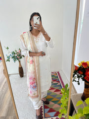 Visoka White Moti Work Roman Silk Kurti Set