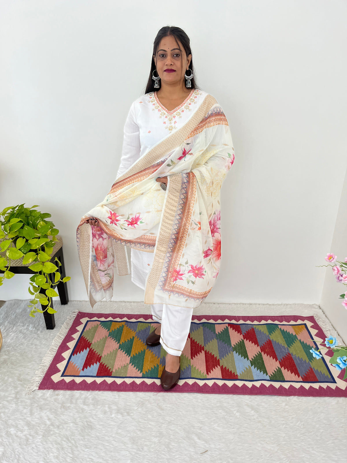 Visoka White Moti Work Roman Silk Kurti Set