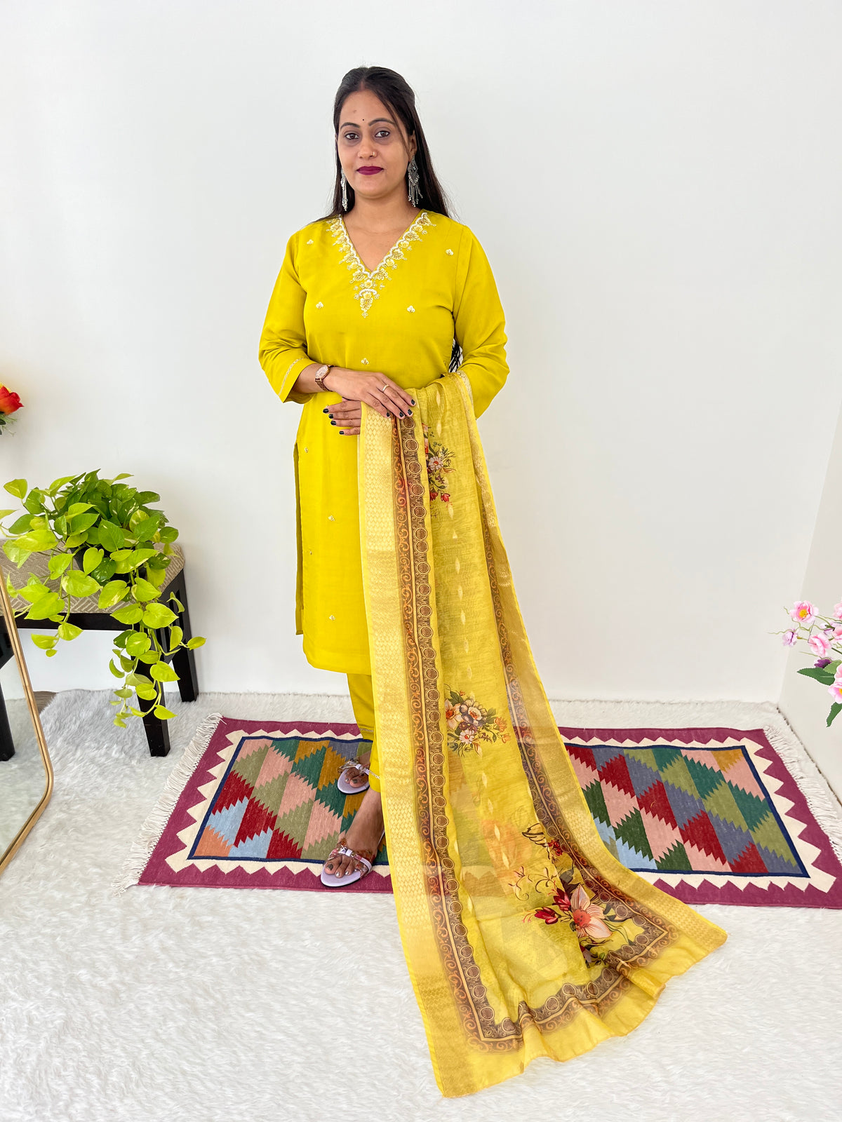 Gopi Mustard Yellow Handworked Roman Silk Kurti Set