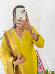 Gopi Mustard Yellow Handworked Roman Silk Kurti Set