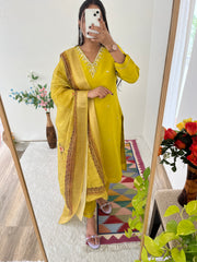 Gopi Mustard Yellow Handworked Roman Silk Kurti Set