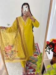 Gopi Mustard Yellow Handworked Roman Silk Kurti Set