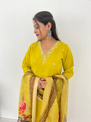 Gopi Mustard Yellow Handworked Roman Silk Kurti Set