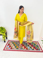 Gopi Mustard Yellow Handworked Roman Silk Kurti Set