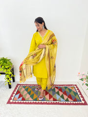 Gopi Mustard Yellow Handworked Roman Silk Kurti Set