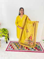 Gopi Mustard Yellow Handworked Roman Silk Kurti Set