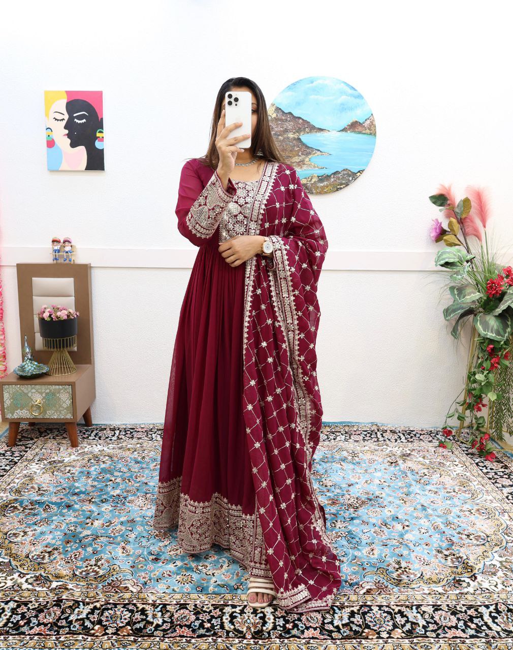 Shawal Maroon Fox georgette Anarkali Gown Set