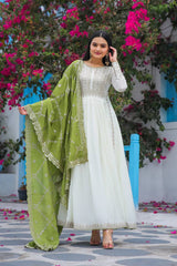 New Party Wear Anarkali With Embroidery work And Pista Shade Dupatta