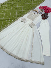 New Party Wear Anarkali With Embroidery work And Pista Shade Dupatta