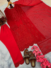 Trending Red Straight Kurta Set With Heavy Embroidery Work