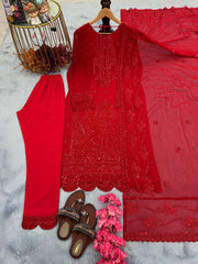 Trending Red Straight Kurta Set With Heavy Embroidery Work