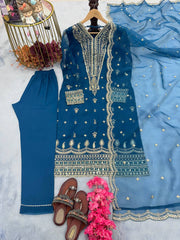 Trending Teal Blue Straight Kurta Set With Heavy Embroidery Work