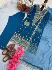 Trending Teal Blue Straight Kurta Set With Heavy Embroidery Work