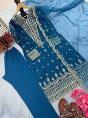 Trending Teal Blue Straight Kurta Set With Heavy Embroidery Work