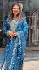 Trending Teal Blue Straight Kurta Set With Heavy Embroidery Work