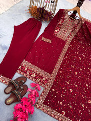 Heavy Maroon Straight Kurta Set With Embroidery Work