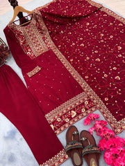 Heavy Maroon Straight Kurta Set With Embroidery Work