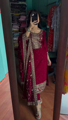 Heavy Maroon Straight Kurta Set With Embroidery Work