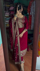 Heavy Maroon Straight Kurta Set With Embroidery Work