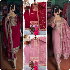 Heavy Maroon Straight Kurta Set With Embroidery Work