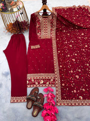 Heavy Maroon Straight Kurta Set With Embroidery Work