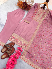 Heavy Blush Pink  Straight Kurta Set With Embroidery Work