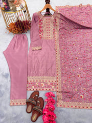 Heavy Blush Pink  Straight Kurta Set With Embroidery Work