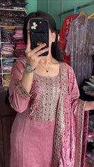 Heavy Blush Pink  Straight Kurta Set With Embroidery Work