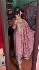 Heavy Blush Pink  Straight Kurta Set With Embroidery Work