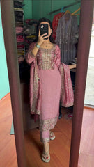 Heavy Blush Pink  Straight Kurta Set With Embroidery Work