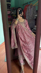 Heavy Blush Pink  Straight Kurta Set With Embroidery Work