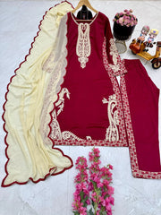 Rajab Red Maska Cotton Kurti pant and Dupatta Set