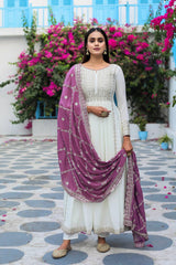 New Party Wear Anarkali With Embroidery work And Blush Lavender Shade Dupatta