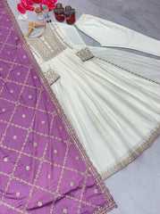 New Party Wear Anarkali With Embroidery work And Blush Lavender Shade Dupatta