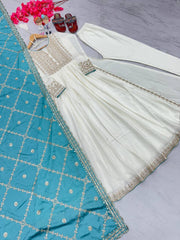 New Party Wear Anarkali With Embroidery work And Sea Green Shade Dupatta