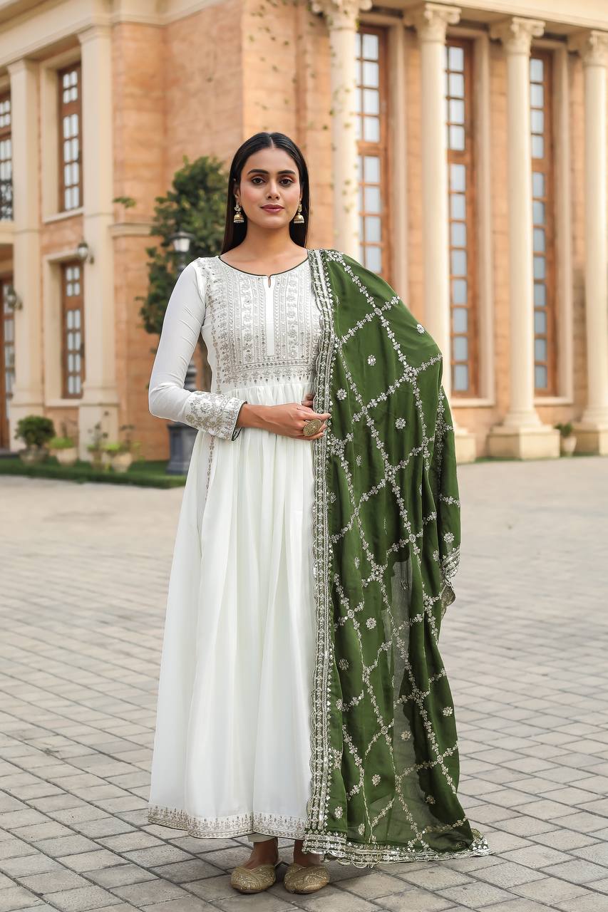 New Party Wear Anarkali With Embroidery work And Sage Green Shade Dupatta