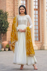 New Party Wear Anarkali With Embroidery work And Mustard Shade Dupatta